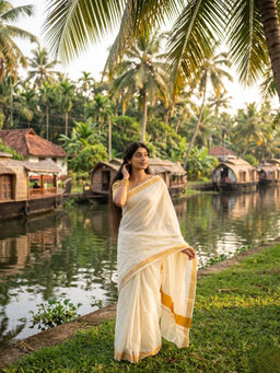 AAKAR - Thiruvona Padma White Kasavu Handloom Cotton Saree with Unstitched Blouse