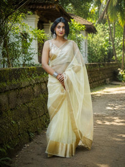 AAKAR - Onam Shwetha Pushpam Beige Handloom Organza Saree with Unstitched Blouse