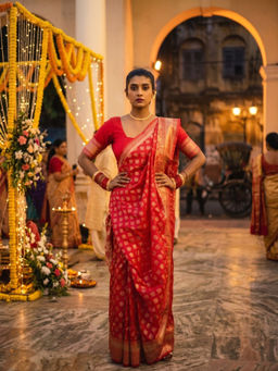 AAKAR - Sindoori Rajnigandha Red Handloom Banarasi Saree with Unstitched Blouse