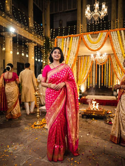 AAKAR - Gulabi Varmala Pink Handloom Banarasi Saree with Unstitched Blouse