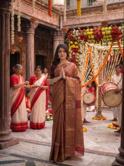 AAKAR - Rajwada Shagun Gold and Maroon Banarasi Tissue Saree with Unstitched Blouse