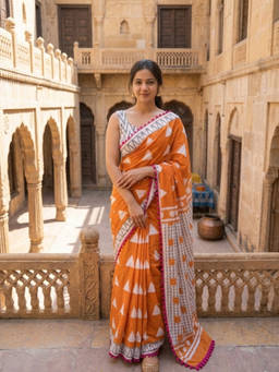 AAKAR - Orange Sunset Cotton Saree with Unstitched Blouse