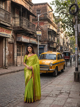 AAKAR - Mehndi Mayuri Parrot Green Handloom Cotton Tissue Saree with Unstitched Blouse