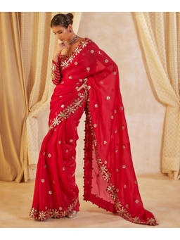 Mirraw - Red Georgette Embroidered Saree with Unstitched Blouse