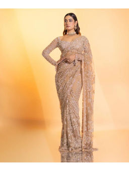 Mirraw - Cream Net Embroidered Saree with Unstitched Blouse