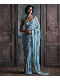 Mirraw - Sky Blue Georgette Embellished Saree with Unstitched Blouse