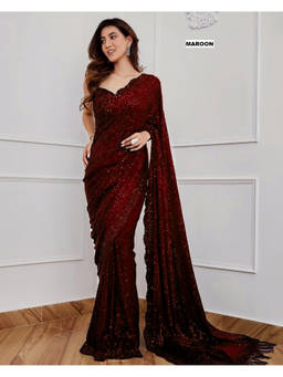 Mirraw - Maroon Georgette Embellished Saree with Unstitched Blouse