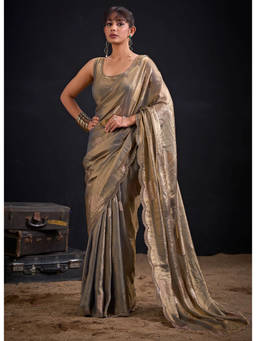 Mirraw - Grey Silk Blend Embellished Saree with Unstitched Blouse