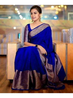 Mirraw - Royal Blue Silk Blend Woven Saree with Unstitched Blouse