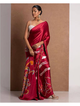 Mirraw - Red Satin Floral Printed Saree with Unstitched Blouse
