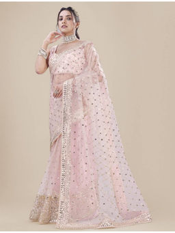 Mirraw - Pink Net Embroidered Wedding Saree with Unstitched Blouse
