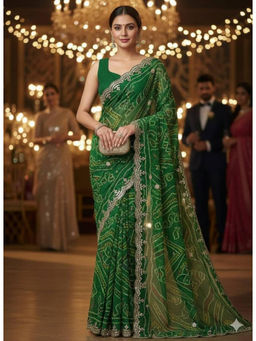 Mirraw - Green Georgette Embroidered Saree with Unstitched Blouse