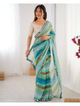 Mirraw - Sea Green Chiffon Brasso Saree with Unstitched Blouse