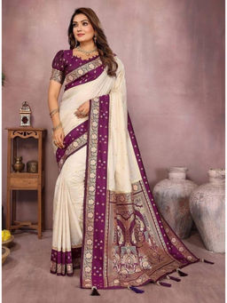Mirraw - Off White Silk Blend Woven Saree with Unstitched Blouse