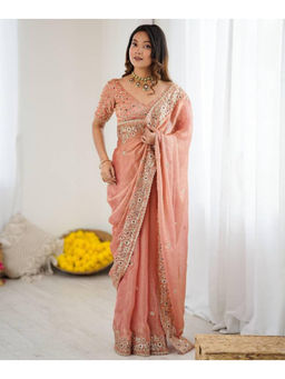 Mirraw - Peach Chiffon Embroidered Saree with Unstitched Blouse