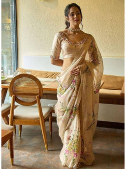 Mirraw - Beige Silk Blend Embroidered Saree with Unstitched Blouse