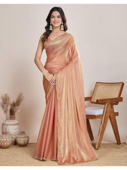 Mirraw - Peach Chiffon Embroidered Saree with Unstitched Blouse