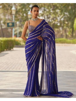 Mirraw - Royal Blue Mirror Work Saree with Unstitched Blouse