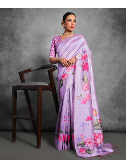 Mirraw - Purple Hand Painted Floral Silk Blend Saree with Unstitched Blouse