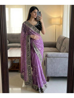 Mirraw - Purple Silk Blend Mirror Work Saree with Unstitched Blouse