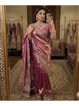 Mirraw - Pink Satin Embroidered Saree with Unstitched Blouse