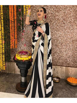 Mirraw - Black Striped Printed Saree with Unstitched Blouse
