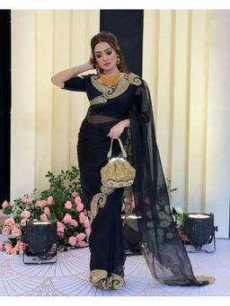 Mirraw - Black Silk Blend Gold Embroidery Saree with Unstitched Blouse