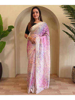 Mirraw - Light Purple Embroidered Viscose Saree with Unstitched Blouse