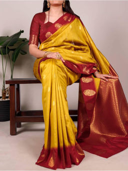 Mirraw - Yellow Printed Poly Cotton Zari Border Woven Saree with Unstitched Blouse