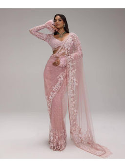 Mirraw - Pink Embroidered Net Saree with Unstitched Blouse