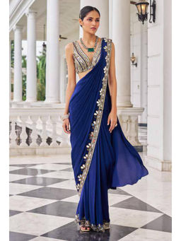 Mirraw - Blue Georgette Beadwork Saree with Unstitched Blouse