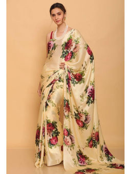 Mirraw - Cream Satin Rose Print Saree with Unstitched Blouse
