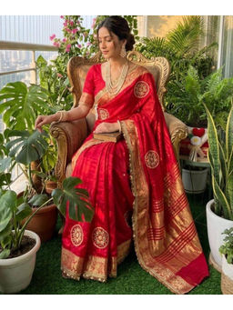 Mirraw - Pink Satin Embroidered Pallu Saree with Unstitched Blouse