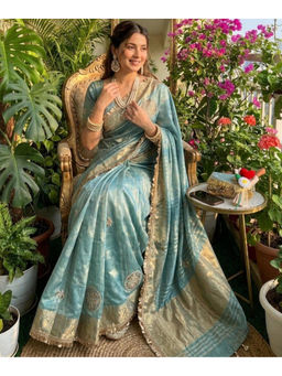 Mirraw - Sky Blue Satin Zari Embroidery Saree with Unstitched Blouse