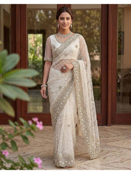 Mirraw - Off White Floral Embroidered Net Saree with Unstitched Blouse