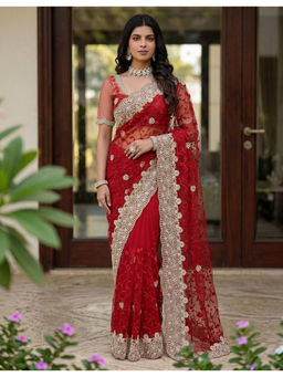 Mirraw - Red Net Embroidery Saree with Unstitched Blouse