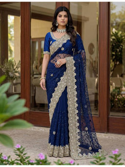 Mirraw - Blue Net Floral Embroidery Saree with Unstitched Blouse