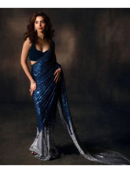 Mirraw - Blue Georgette Sequin Embroidery Saree with Unstitched Blouse