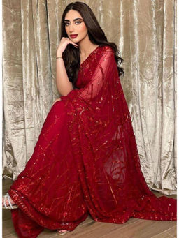 Mirraw - Red Georgette Sequins Saree with Unstitched Blouse