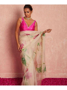 Mirraw - White Organza Floral Handwork Saree with Unstitched Blouse