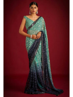 Mirraw - Green Georgette Sequin Embroidery Saree with Unstitched Blouse