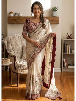 Mirraw - Cream Silk Blend Embroidered Saree with Unstitched Blouse