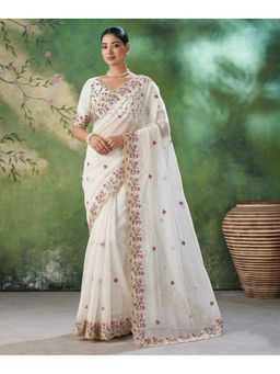Mirraw - Cream Silk Blend Embroidered Saree with Unstitched Blouse