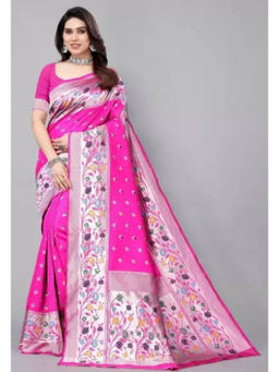 Mirraw - Magenta Silk Blend Zari Woven Saree with Unstitched Blouse