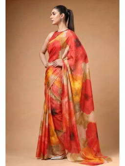 Mirraw - Red Satin Floral Printed Saree with Unstitched Blouse