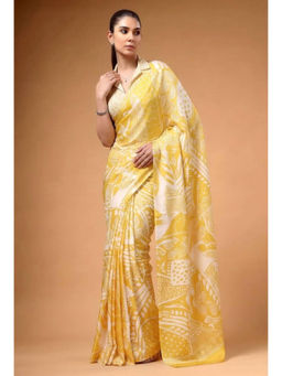 Mirraw - Yellow Satin Printed Saree with Unstitched Blouse