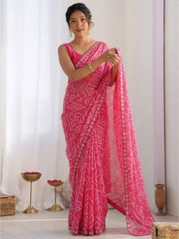 Mirraw - Pink Georgette Printed Saree with Unstitched Blouse