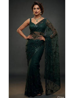 Mirraw - Dark Green Net Embellished Saree with Unstitched Blouse