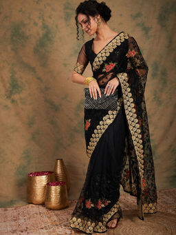 Mirraw - Black Net Embroidered Saree with Unstitched Blouse