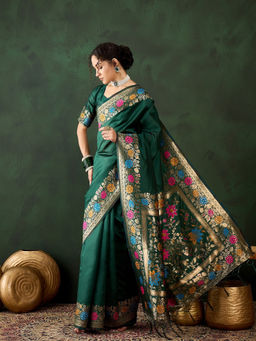 Mirraw - Green Art Silk Woven Floral Design Saree with Unstitched Blouse